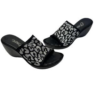 Onex Women's Wedge Sandals Black Sparkly Silver Animal Print Wedge Size 7 (37)